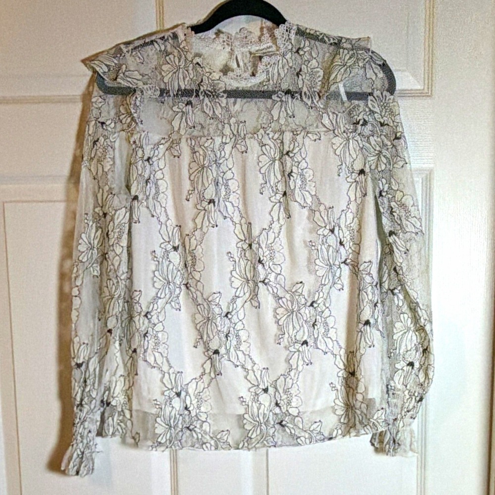 Amaryllis Women's White Floral Lace Sheer Long Sleeve Button Blouse Size S